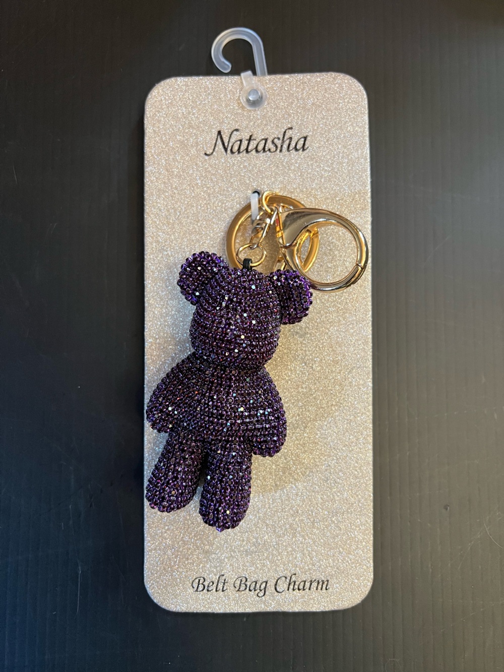 Natasha Couture Purple Crystal Teddy Bear Bag Charm with Gold Hardware